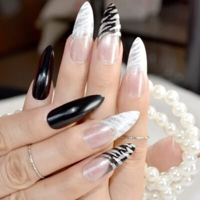 False Nails, Artificial Nails with Glue, Artificial Finger Acrylic Nail Kit, Manicure Kit for Women, Next Day Delivery of Coffin Acrylic. (Black White Zebra Nails)