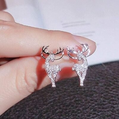 Christmas Earrings for Women, Rhinestone Deer Elk Silver Studs Earrings for Women, Beautiful Earrings Set for Christmas Party, Sterling Silver Stud Earrings with Next Day Delivery.