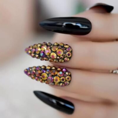 False Nails, Artificial Nails with Glue, Artificial Finger Acrylic Nail Kit, Manicure Kit for Women, Next Day Delivery of Coffin Acrylic. (Rhinestone Black Nails)