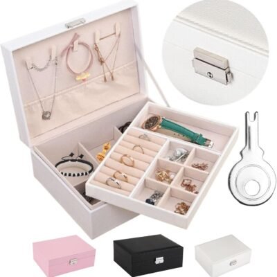 ZASHMART Jewellery Organiser for Women Girls, 2 Layers Large Jewellery Box Storage Case, PU Leather Jewelry Display Holder with Removable Tray for Necklace Earrings Rings Bracelets (White)
