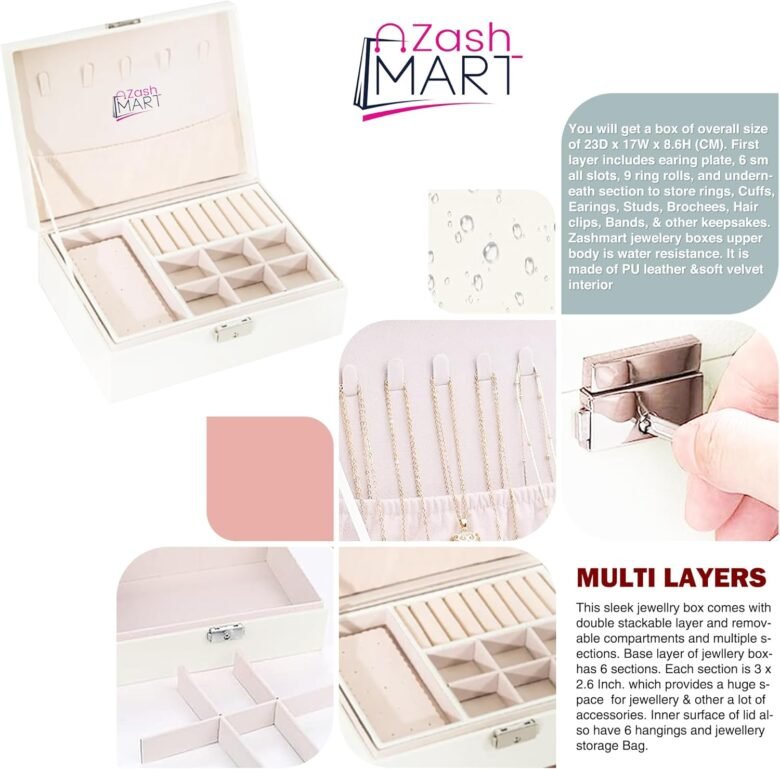 ZASHMART Jewellery Organiser for Women Girls, 2 Layers Large Jewellery Box Storage Case, PU Leather Jewelry Display Holder with Removable Tray for Necklace Earrings Rings Bracelets (White) - Image 7
