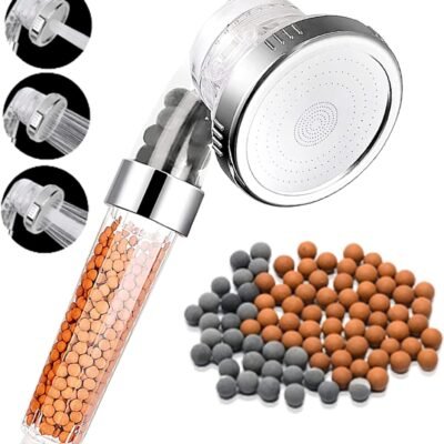 Shower Head, ZASHMART 3-Mode High-Pressure Water Saving Shower Heads, Hard Water Filter Shower Head That Increase Water Pressure with Water Softner Shower Beads., Transperent