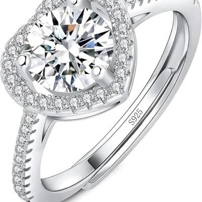Sterling Silver Heart Ring, Adjustable Engagement Ring for Women and Teen Girls
