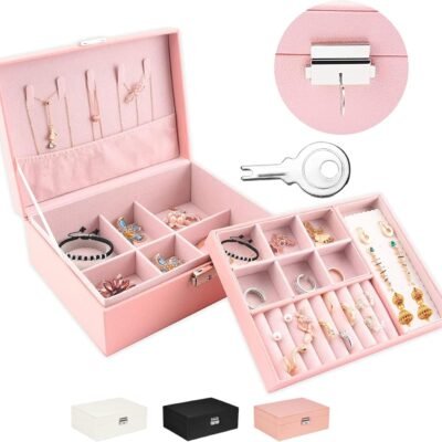 ZASHMART Jewellery Organiser for Women Girls, 2 Layers Large Jewellery Box Storage Case, PU Leather Jewelry Display Holder with Removable Tray for Necklace Earrings Rings Bracelets (Pink)