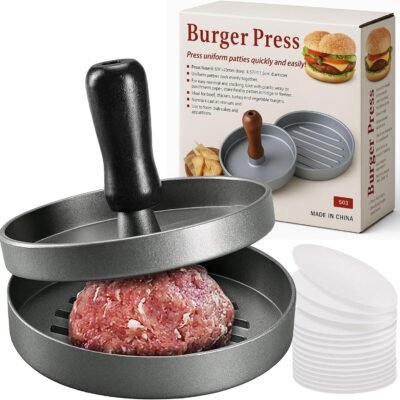 ZASHMART Burger Press with 100 Wax Papers, Non Sticker Smash Burger Press Made 0f Aluminum, Multipurpose Burger Smasher, Hamburger Press, Steak Press, Meat Press, Patty Smasher, Grill Press.